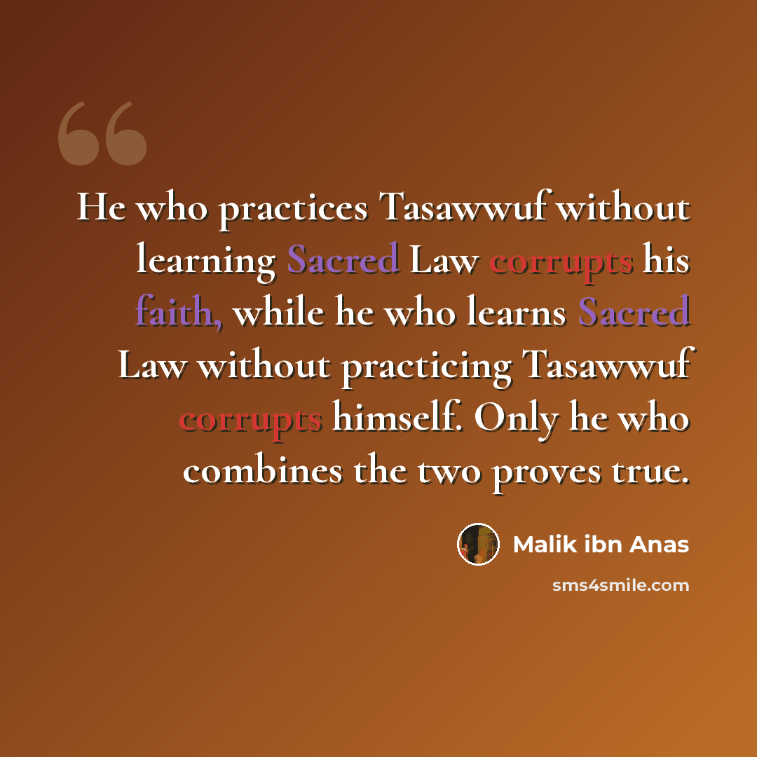 “He who practices Tasawwuf without learning Sacred Law corrupts his faith, while he who learns Sacred Law without practicing Tasawwuf corrupts himself. Only he who combines the two proves true.” quote by Malik ibn Anas