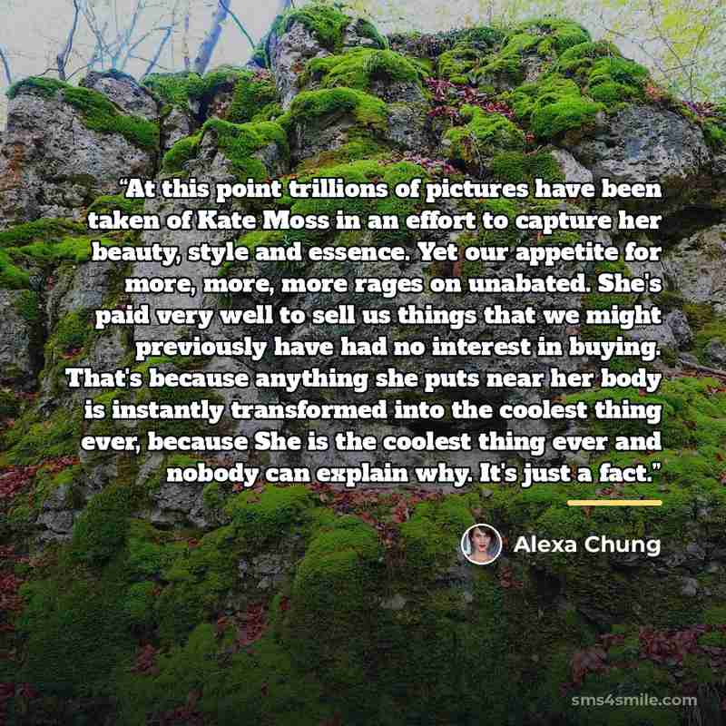 “At this point trillions of pictures have been taken of Kate Moss in an effort to capture her beauty, style and essence. Yet our appetite for more, more, more rages on unabated. She's paid very well to sell us things that we might previously have had no interest in buying. That's because anything…” quote by Alexa Chung