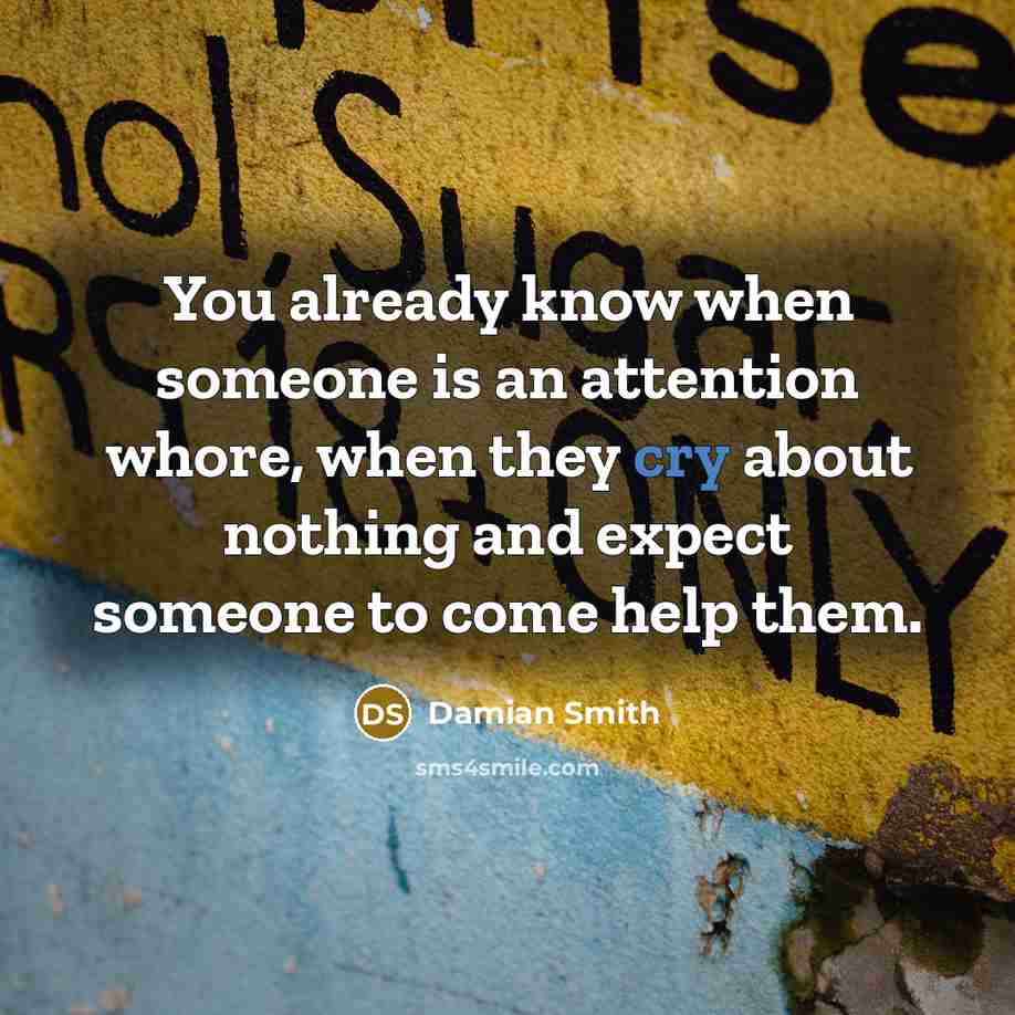 “You already know when someone is an attention whore, when they cry about nothing and expect someone to come help them.” quote by Damian Smith