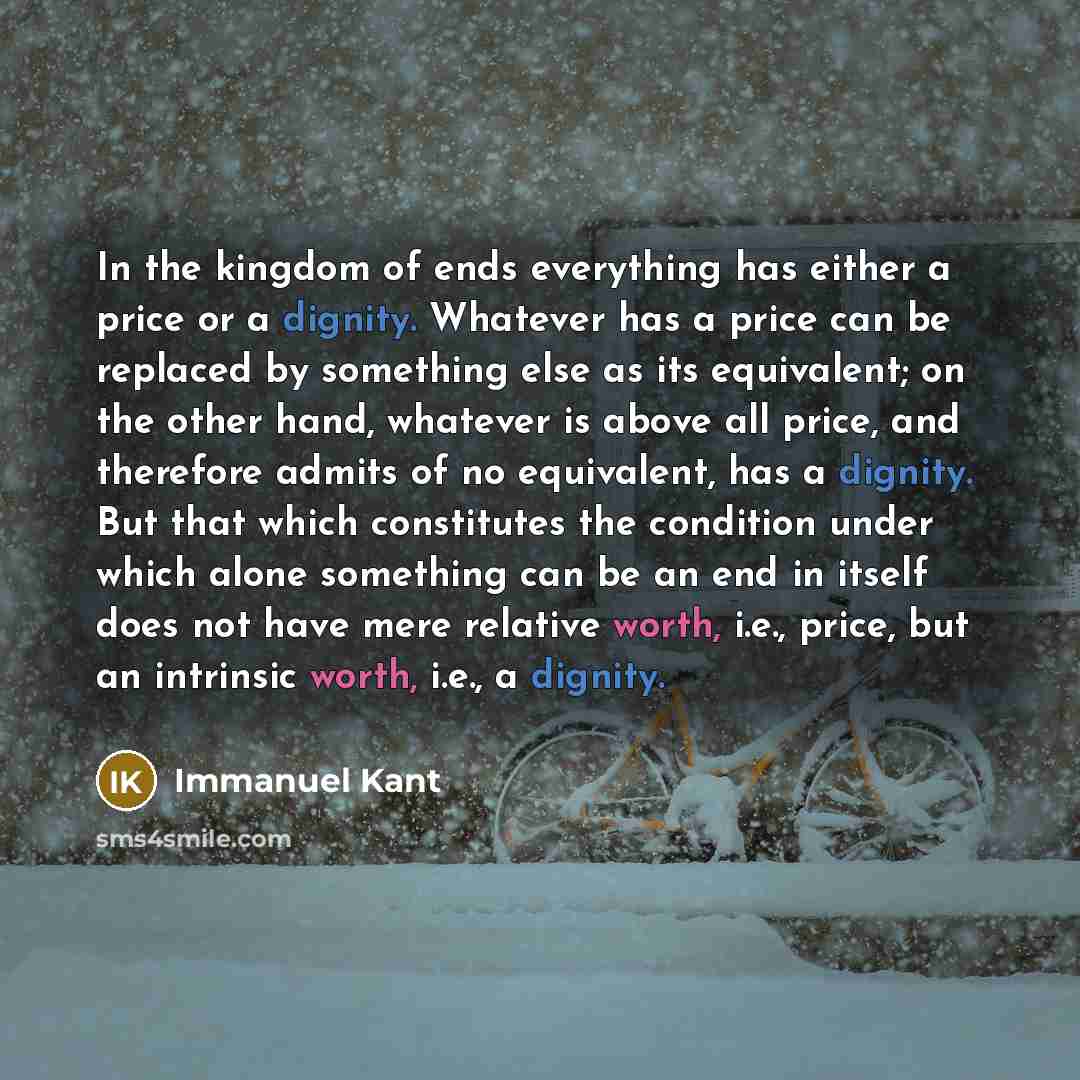 “In the kingdom of ends everything has either a price or a dignity. Whatever has a price can be replaced by something else as its equivalent; on the other hand, whatever is above all price, and therefore admits of no equivalent, has a dignity. But that which constitutes the condition under which…” quote by Immanuel Kant