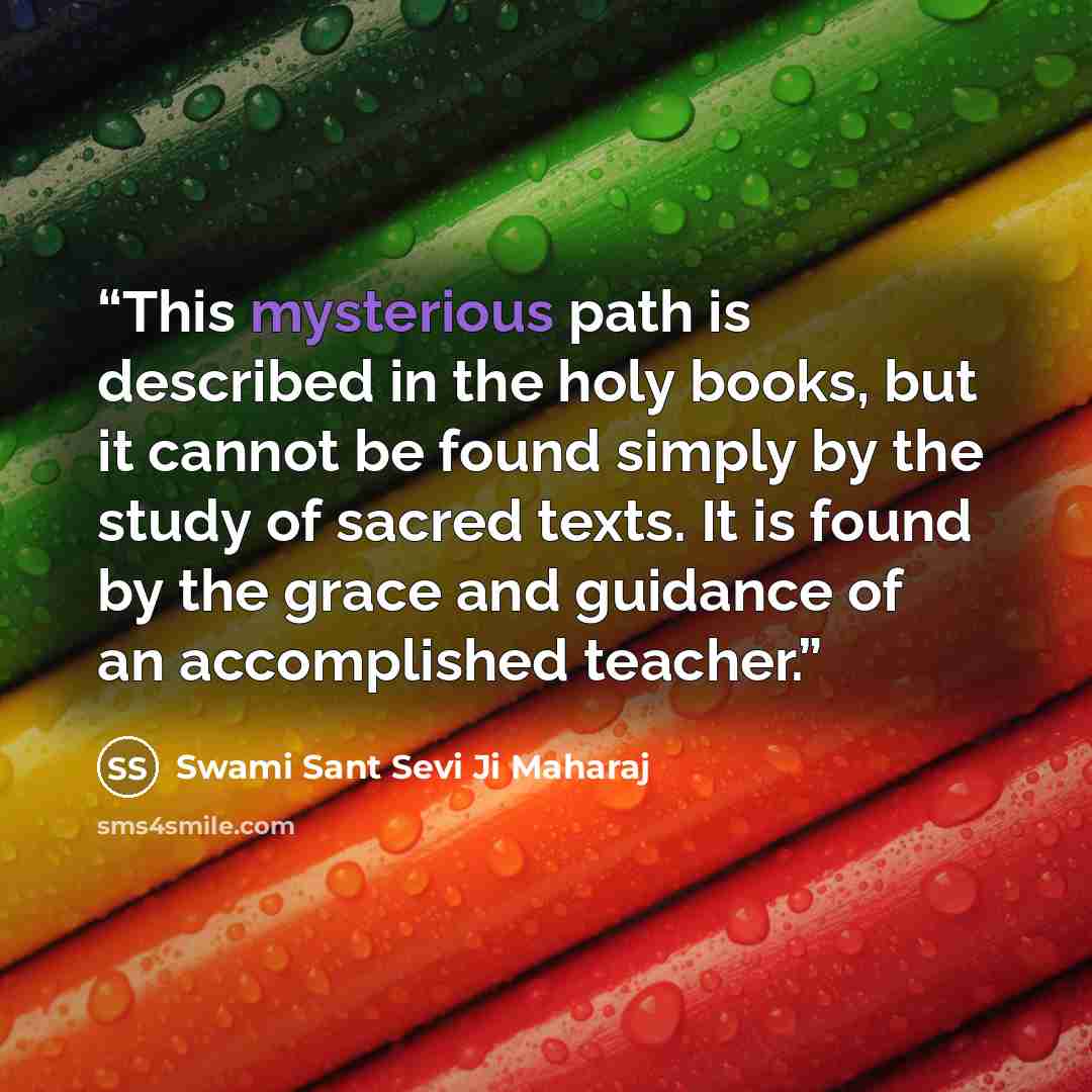 “This mysterious path is described in the holy books, but it cannot be found simply by the study of sacred texts. It is found by the grace and guidance of an accomplished teacher.” quote by Swami Sant Sevi Ji Maharaj