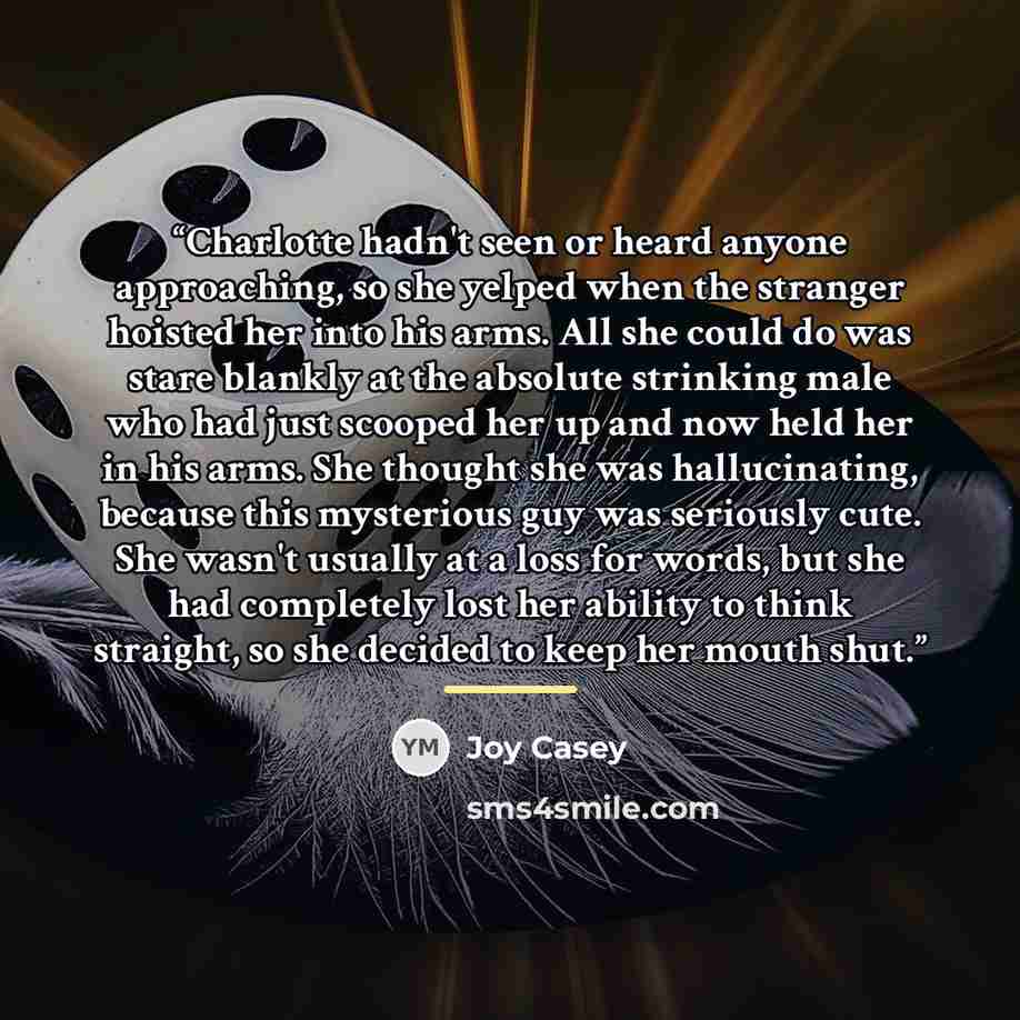 “Charlotte hadn't seen or heard anyone approaching, so she yelped when the stranger hoisted her into his arms. All she could do was stare blankly at the absolute strinking male who had just scooped her up and now held her in his arms. She thought she was hallucinating, because this mysterious guy…” quote by Joy Casey