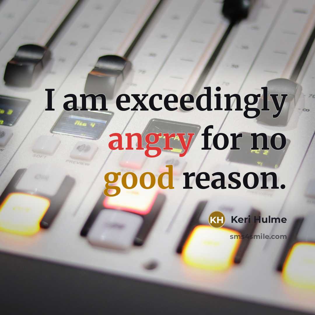 “I am exceedingly angry for no good reason.” quote by Keri Hulme