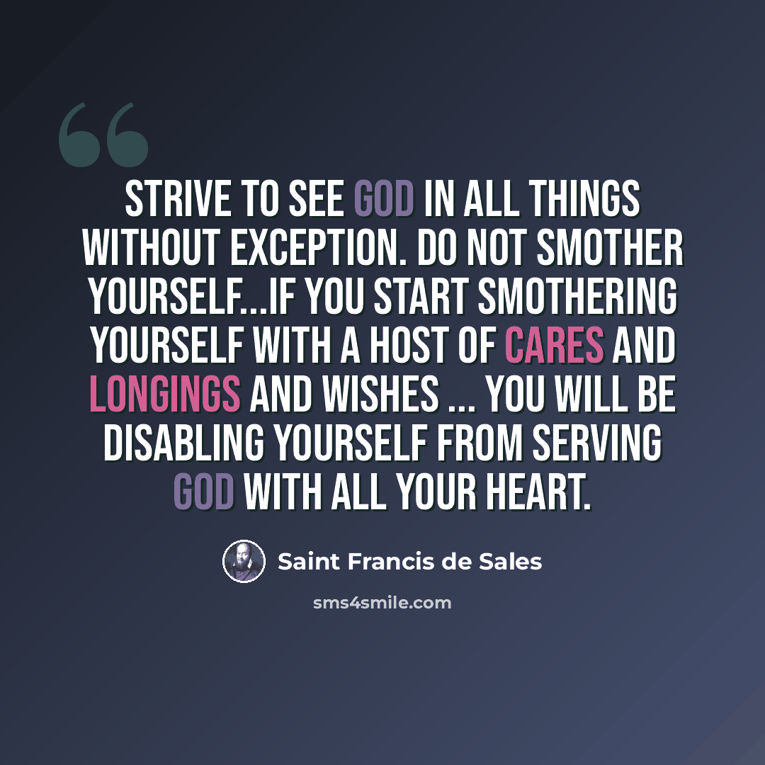 “Strive to see God in all things without exception. Do not smother yourself...If you start smothering yourself with a host of cares and longings and wishes ... you will be disabling yourself from serving God with all your heart.” quote by Saint Francis de Sales