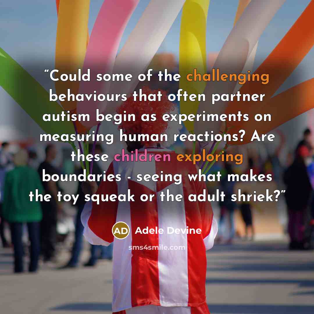 “Could some of the challenging behaviours that often partner autism begin as experiments on measuring human reactions? Are these children exploring boundaries - seeing what makes the toy squeak or the adult shriek?” quote by Adele Devine