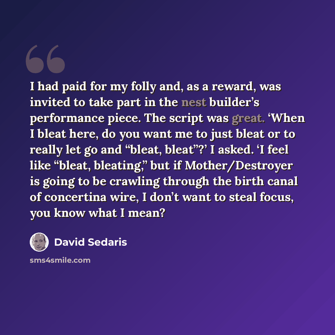 “I had paid for my folly and, as a reward, was invited to take part in the nest builder’s performance piece. The script was great. ‘When I bleat here, do you want me to just bleat or to really let go and “bleat, bleat”?’ I asked. ‘I feel like “bleat, bleating,” but if Mother/Destroyer is going to…” quote by David Sedaris