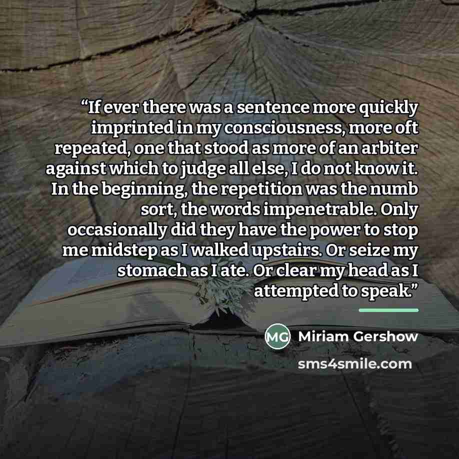“If ever there was a sentence more quickly imprinted in my consciousness, more oft repeated, one that stood as more of an arbiter against which to judge all else, I do not know it. In the beginning, the repetition was the numb sort, the words impenetrable. Only occasionally did they have the power…” quote by Miriam Gershow