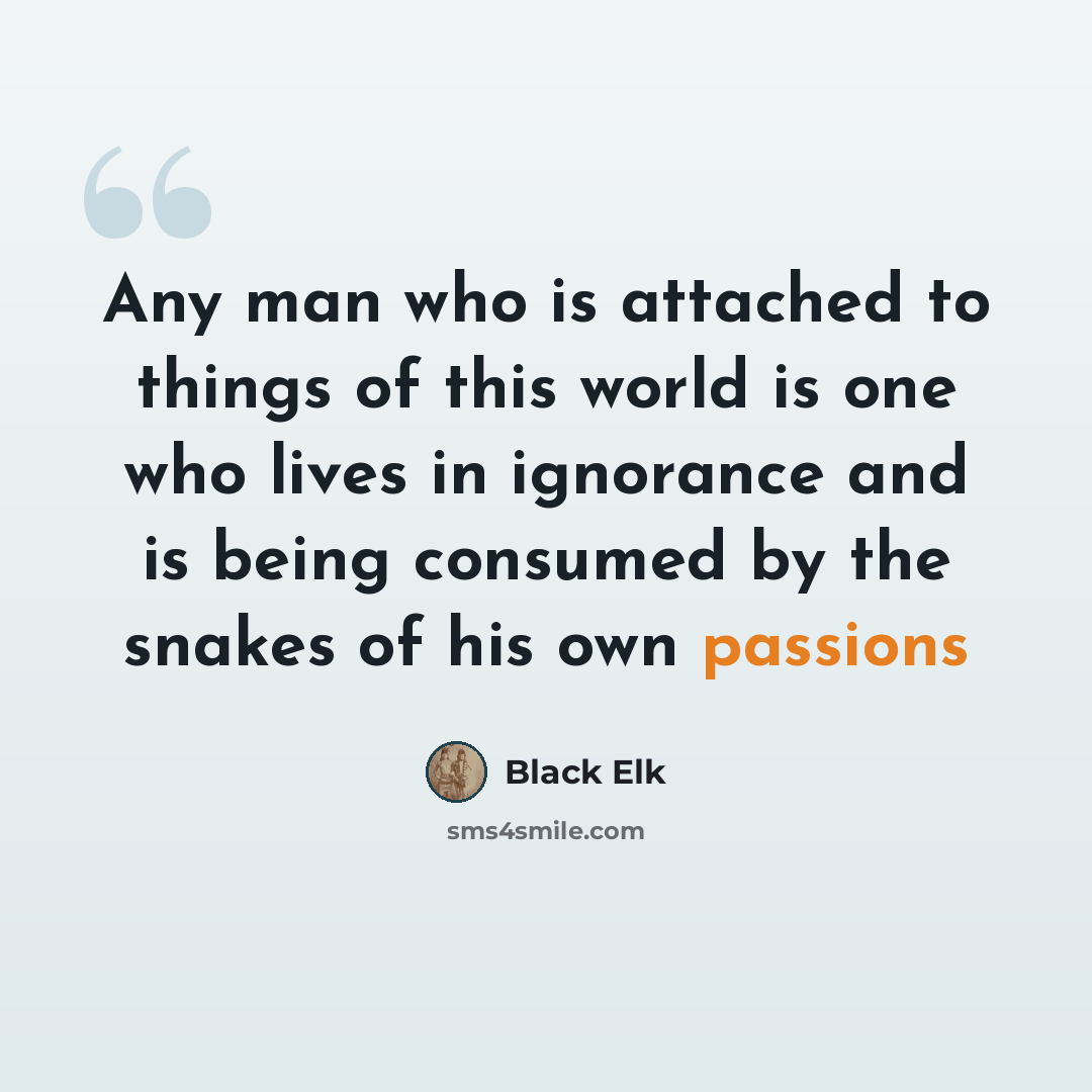 “Any man who is attached to things of this world is one who lives in ignorance and is being consumed by the snakes of his own passions” quote by Black Elk