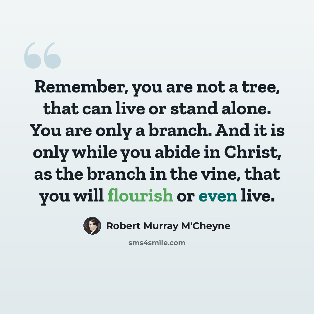 “Remember, you are not a tree, that can live or stand alone. You are only a branch. And it is only while you abide in Christ, as the branch in the vine, that you will flourish or even live.” quote by Robert Murray M'Cheyne