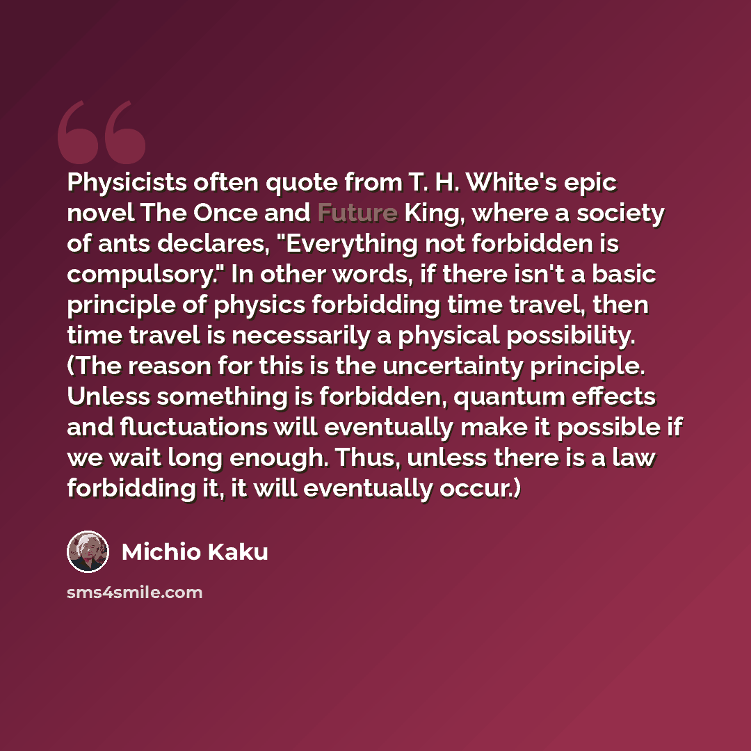 “Physicists often quote from T. H. White's epic novel The Once and Future King, where a society of ants declares, "Everything not forbidden is compulsory." In other words, if there isn't a basic principle of physics forbidding time travel, then time travel is necessarily a physical possibility…” quote by Michio Kaku