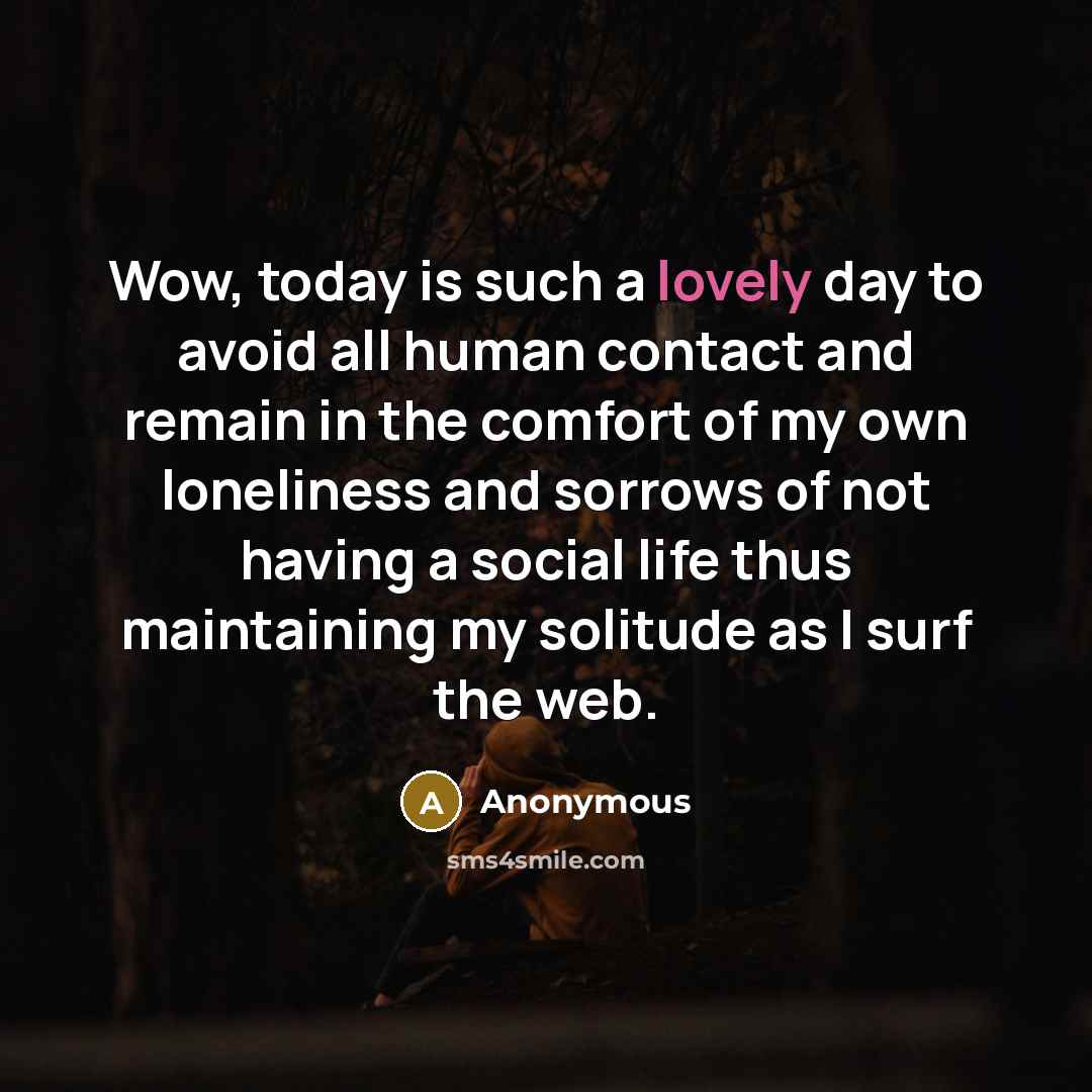 “Wow, today is such a lovely day to avoid all human contact and remain in the comfort of my own loneliness and sorrows of not having a social life thus maintaining my solitude as I surf the web.” quote by Anonymous