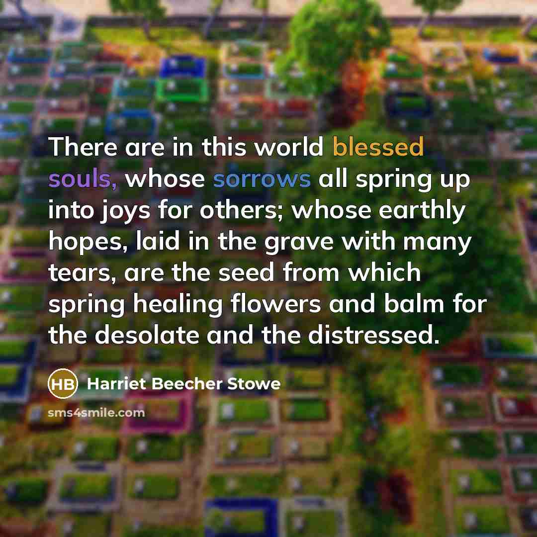 “There are in this world blessed souls, whose sorrows all spring up into joys for others; whose earthly hopes, laid in the grave with many tears, are the seed from which spring healing flowers and balm for the desolate and the distressed.” quote by Harriet Beecher Stowe