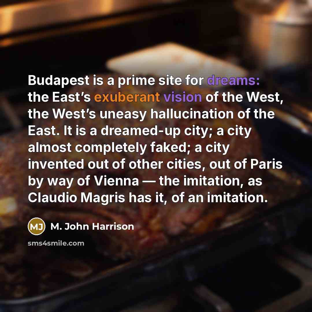 “Budapest is a prime site for dreams: the East’s exuberant vision of the West, the West’s uneasy hallucination of the East. It is a dreamed-up city; a city almost completely faked; a city invented out of other cities, out of Paris by way of Vienna — the imitation, as Claudio Magris has it, of an…” quote by M. John Harrison