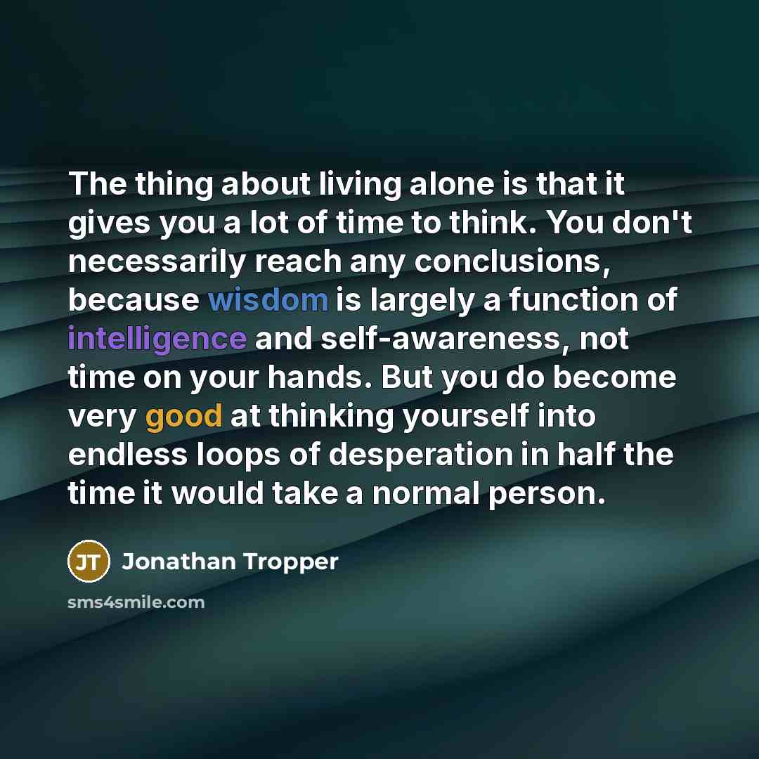 “The thing about living alone is that it gives you a lot of time to think. You don't necessarily reach any conclusions, because wisdom is largely a function of intelligence and self-awareness, not time on your hands. But you do become very good at thinking yourself into endless loops of desperation…” quote by Jonathan Tropper