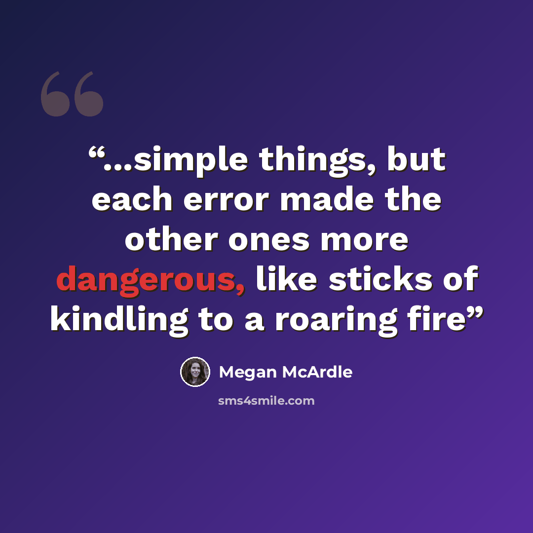 “...simple things, but each error made the other ones more dangerous, like sticks of kindling to a roaring fire” quote by megan mcardle
