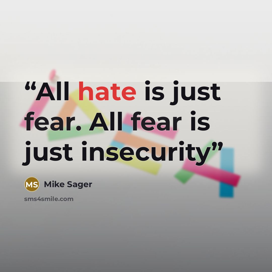 “All hate is just fear. All fear is just insecurity” quote by Mike Sager