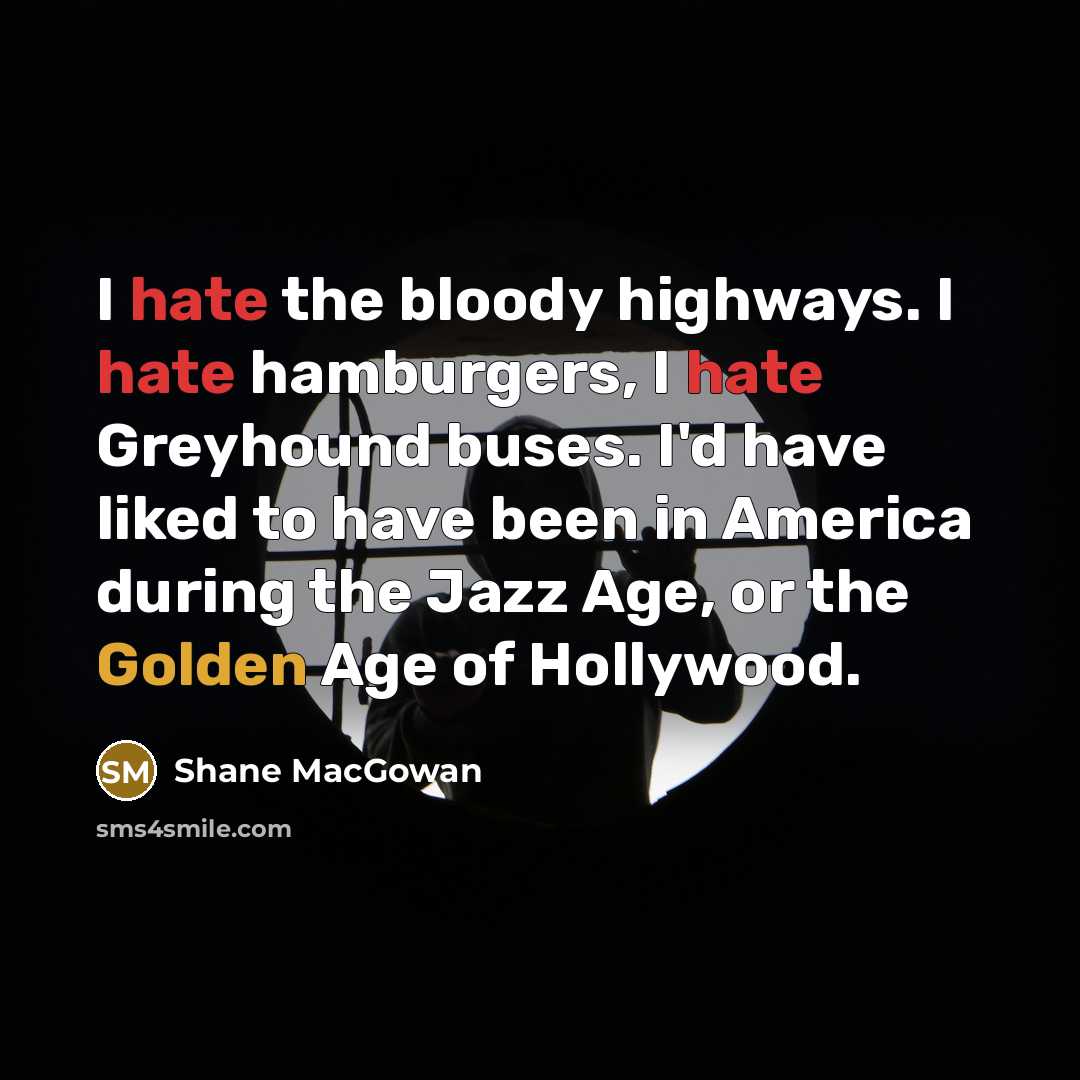 “I hate the bloody highways. I hate hamburgers, I hate Greyhound buses. I'd have liked to have been in America during the Jazz Age, or the Golden Age of Hollywood.” quote by Shane MacGowan