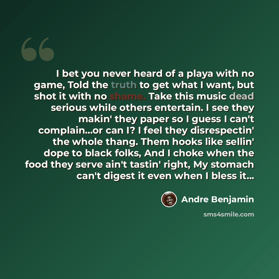 “I bet you never heard of a playa with no game, Told the truth to get what I want, but shot it with no shame. Take this music dead serious while others entertain. I see they makin' they paper so I guess I can't complain...or can I? I feel they disrespectin' the whole thang. Them hooks like sellin'…” quote by Andre Benjamin