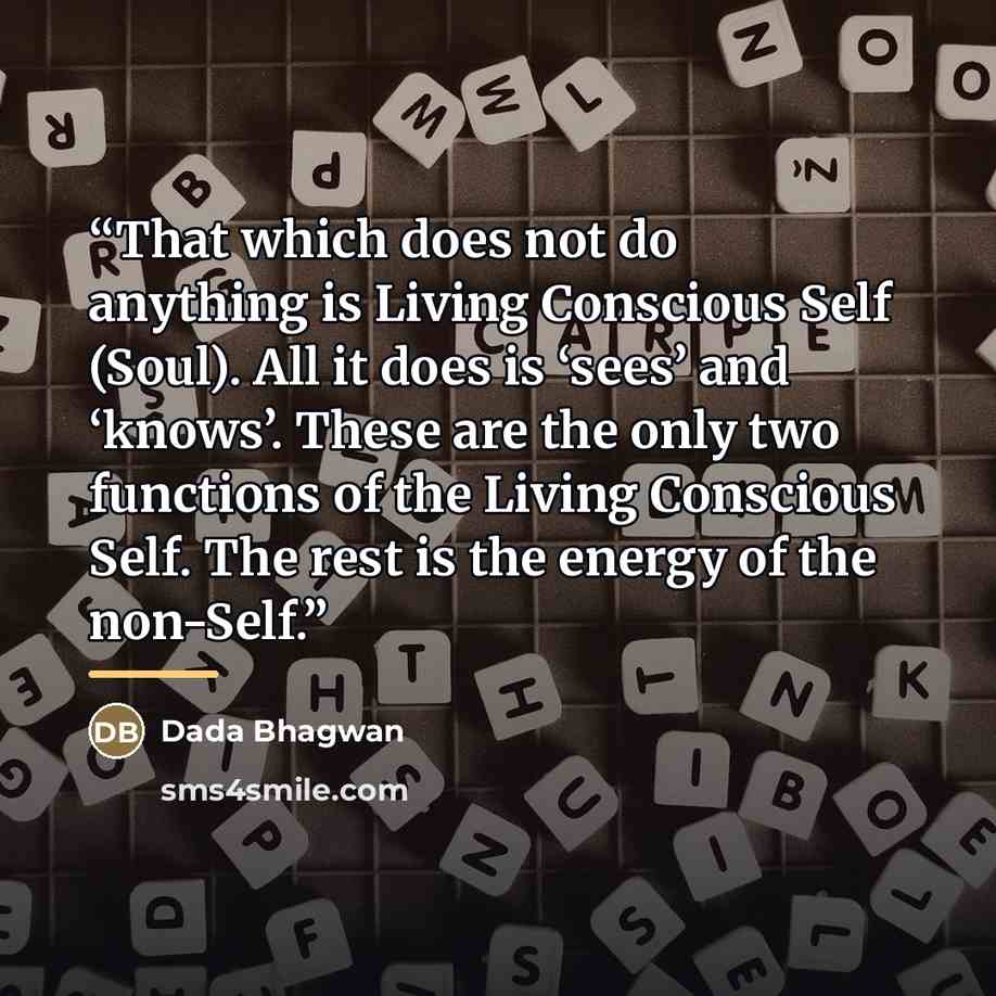 “That which does not do anything is Living Conscious Self (Soul). All it does is ‘sees’ and ‘knows’. These are the only two functions of the Living Conscious Self. The rest is the energy of the non-Self.” quote by Dada Bhagwan