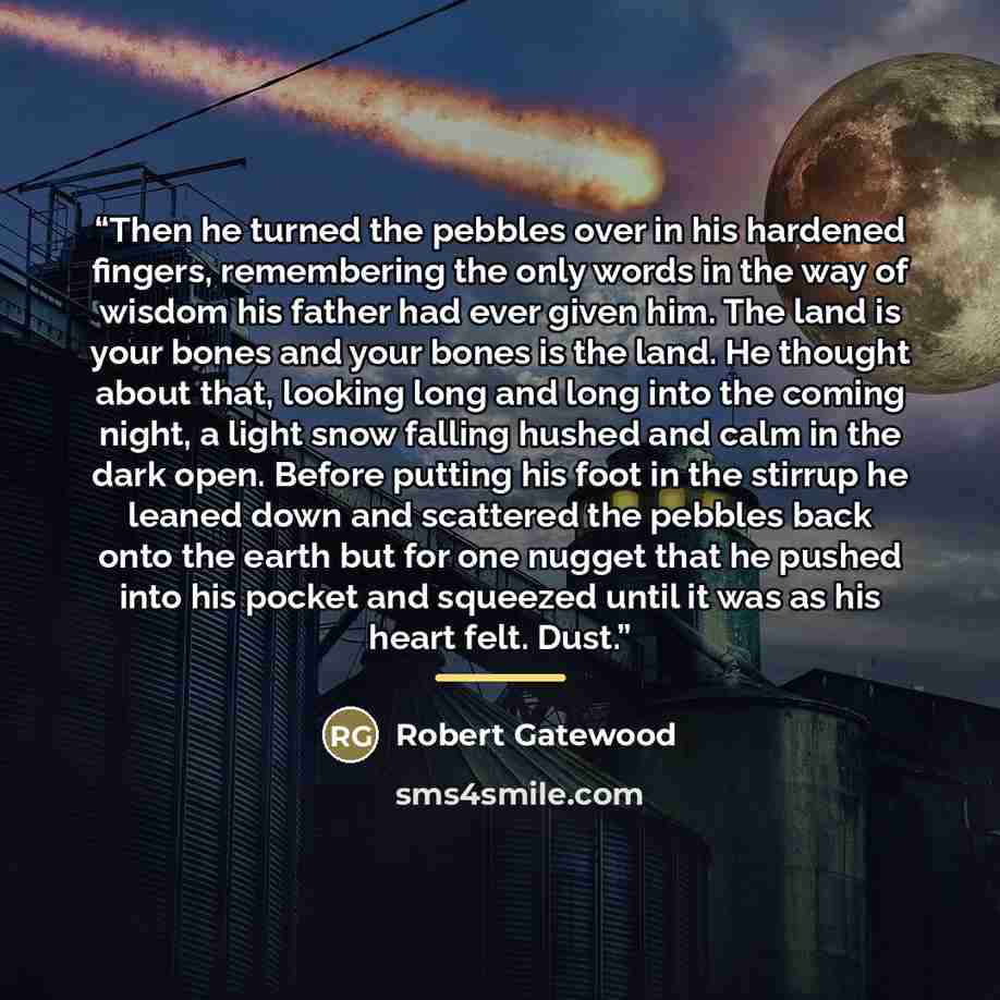 “Then he turned the pebbles over in his hardened fingers, remembering the only words in the way of wisdom his father had ever given him. The land is your bones and your bones is the land. He thought about that, looking long and long into the coming night, a light snow falling hushed and calm in the…” quote by Robert Gatewood