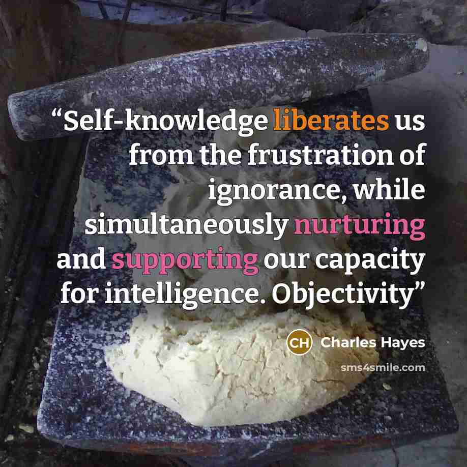 “Self-knowledge liberates us from the frustration of ignorance, while simultaneously nurturing and supporting our capacity for intelligence. Objectivity” quote by Charles Hayes