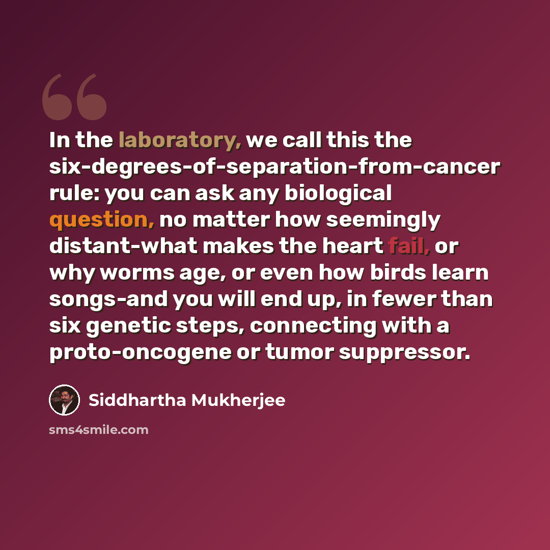 “In the laboratory, we call this the six-degrees-of-separation-from-cancer rule: you can ask any biological question, no matter how seemingly distant-what makes the heart fail, or why worms age, or even how birds learn songs-and you will end up, in fewer than six genetic steps, connecting with a…” quote by Siddhartha Mukherjee