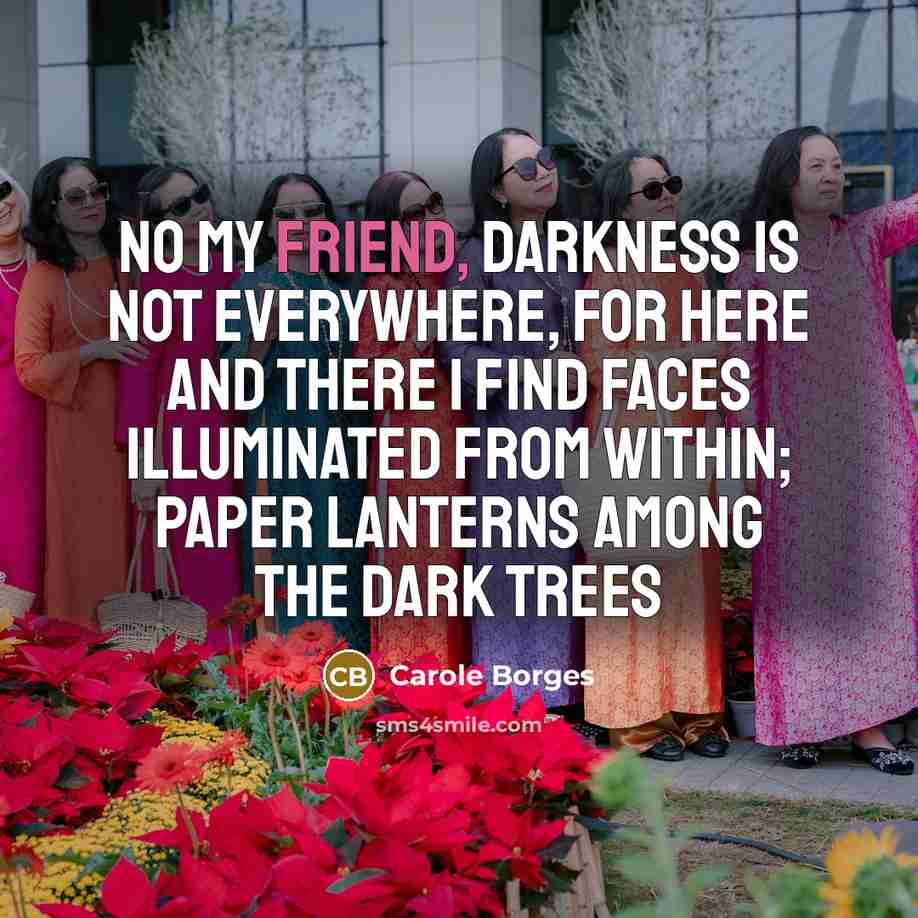 “No my friend, darkness is not everywhere, for here and there I find faces illuminated from within; paper lanterns among the dark trees” quote by Carole Borges