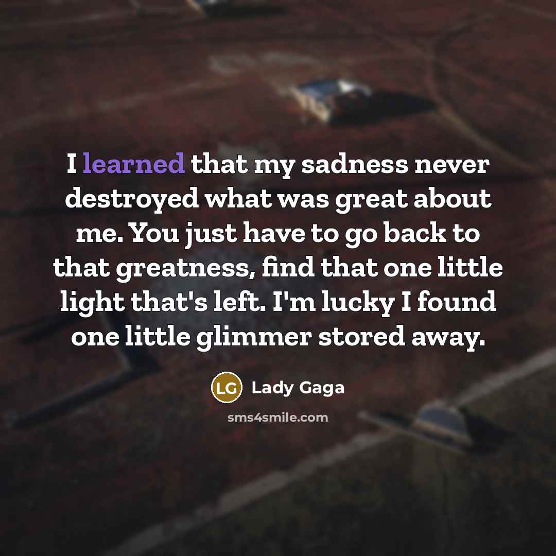 “I learned that my sadness never destroyed what was great about me. You just have to go back to that greatness, find that one little light that's left. I'm lucky I found one little glimmer stored away.” quote by Lady Gaga