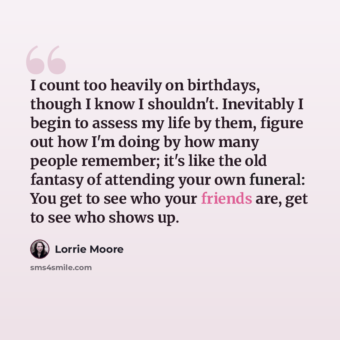 “I count too heavily on birthdays, though I know I shouldn't. Inevitably I begin to assess my life by them, figure out how I'm doing by how many people remember; it's like the old fantasy of attending your own funeral: You get to see who your friends are, get to see who shows up.” quote by Lorrie Moore