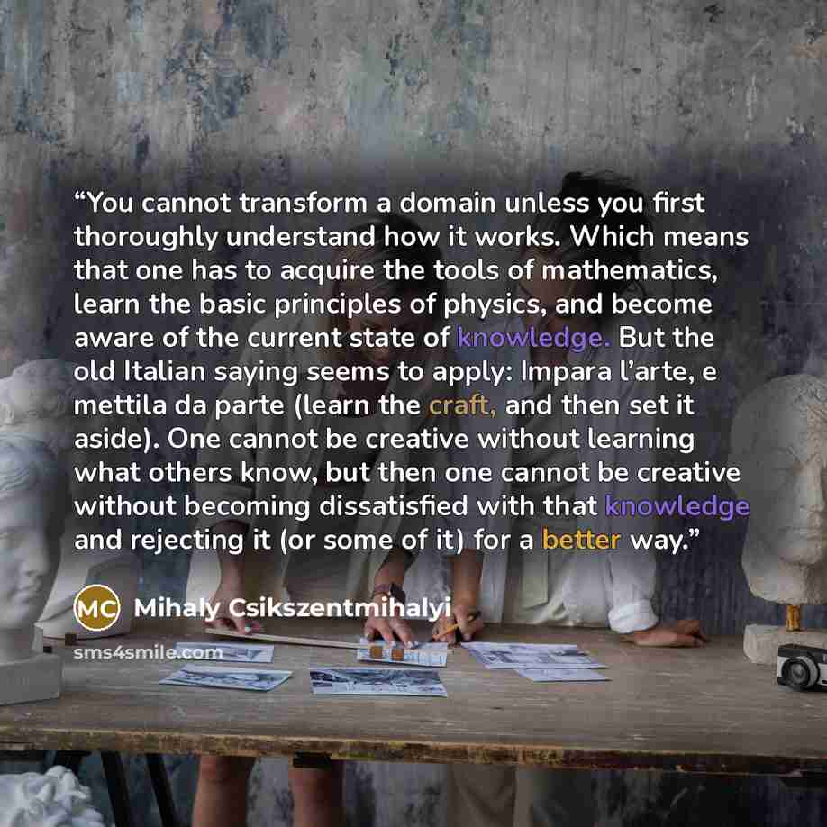 “You cannot transform a domain unless you first thoroughly understand how it works. Which means that one has to acquire the tools of mathematics, learn the basic principles of physics, and become aware of the current state of knowledge. But the old Italian saying seems to apply: Impara l’arte, e…” quote by Mihaly Csikszentmihalyi