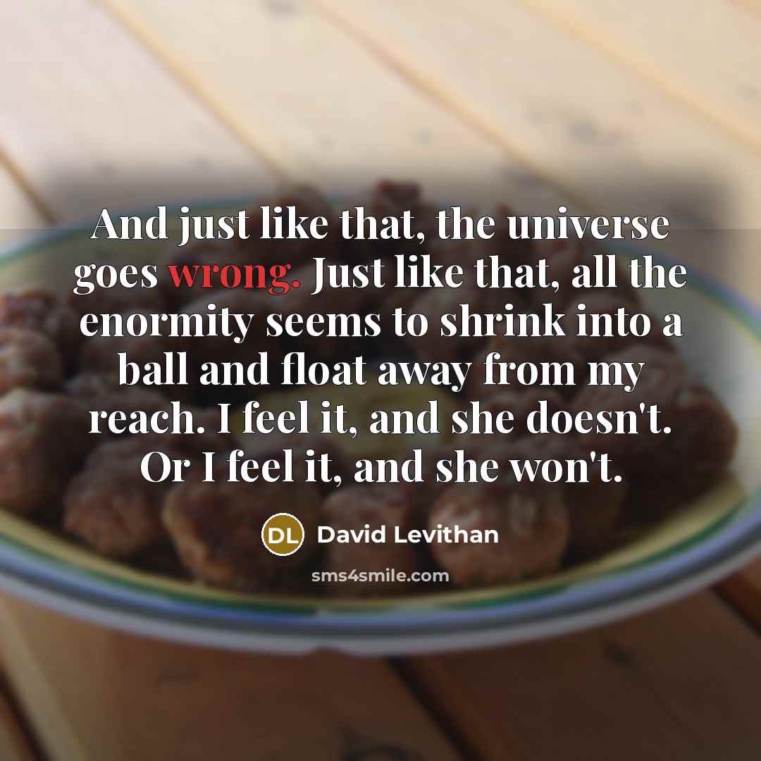 “And just like that, the universe goes wrong. Just like that, all the enormity seems to shrink into a ball and float away from my reach. I feel it, and she doesn't. Or I feel it, and she won't.” quote by David Levithan