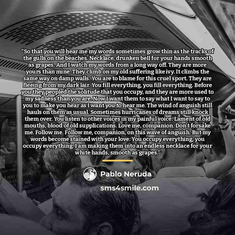 “So that you will hear me my words sometimes grow thin as the tracks of the gulls on the beaches. Necklace, drunken bell for your hands smooth as grapes. And I watch my words from a long way off. They are more yours than mine. They climb on my old suffering like ivy. It climbs the same way on damp…” quote by Pablo Neruda