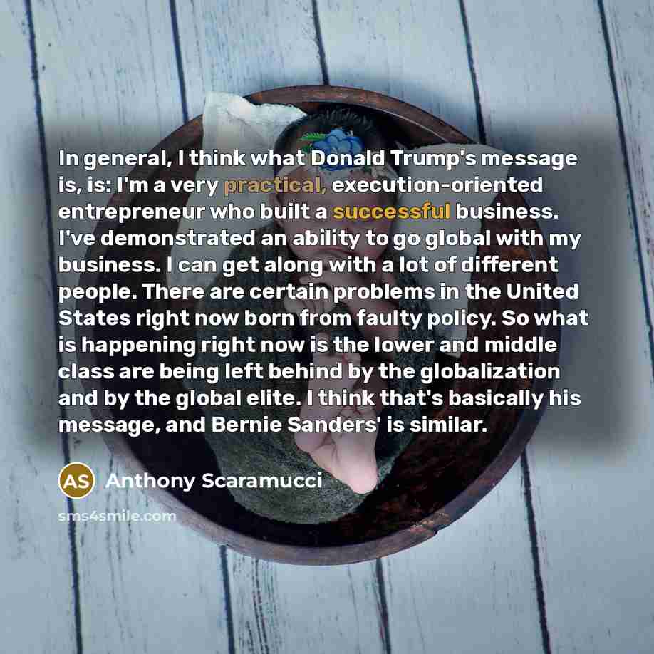 “In general, I think what Donald Trump's message is, is: I'm a very practical, execution-oriented entrepreneur who built a successful business. I've demonstrated an ability to go global with my business. I can get along with a lot of different people. There are certain problems in the United States…” quote by Anthony Scaramucci