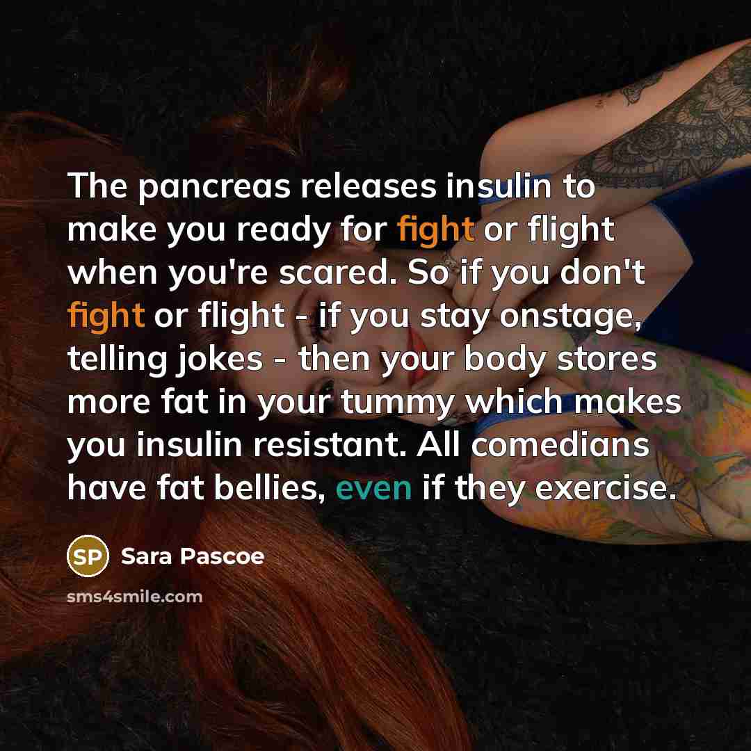 “The pancreas releases insulin to make you ready for fight or flight when you're scared. So if you don't fight or flight - if you stay onstage, telling jokes - then your body stores more fat in your tummy which makes you insulin resistant. All comedians have fat bellies, even if they exercise.” quote by Sara Pascoe
