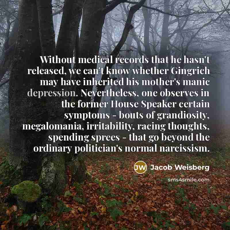 “Without medical records that he hasn't released, we can't know whether Gingrich may have inherited his mother's manic depression. Nevertheless, one observes in the former House Speaker certain symptoms - bouts of grandiosity, megalomania, irritability, racing thoughts, spending sprees - that go…” quote by Jacob Weisberg
