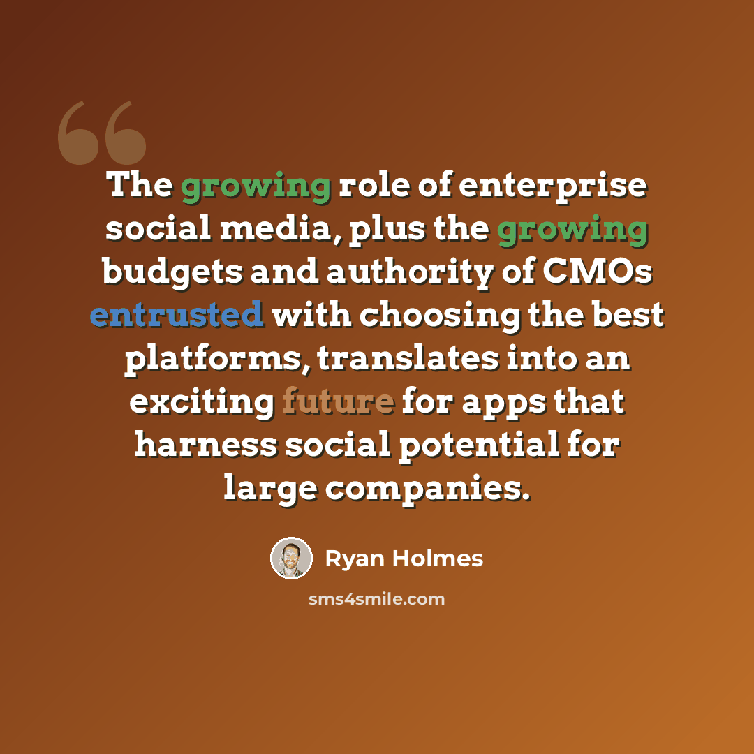 “The growing role of enterprise social media, plus the growing budgets and authority of CMOs entrusted with choosing the best platforms, translates into an exciting future for apps that harness social potential for large companies.” quote by Ryan Holmes