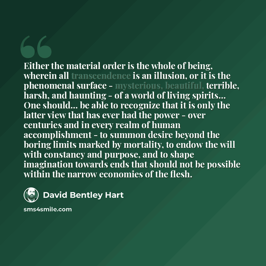 “Either the material order is the whole of being, wherein all transcendence is an illusion, or it is the phenomenal surface - mysterious, beautiful, terrible, harsh, and haunting - of a world of living spirits… One should... be able to recognize that it is only the latter view that has ever had the…” quote by David Bentley Hart