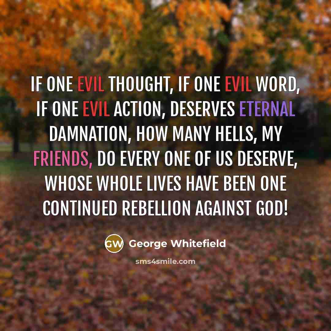 “If one evil thought, if one evil word, if one evil action, deserves eternal damnation, how many hells, my friends, do every one of us deserve, whose whole lives have been one continued rebellion against God!” quote by George Whitefield