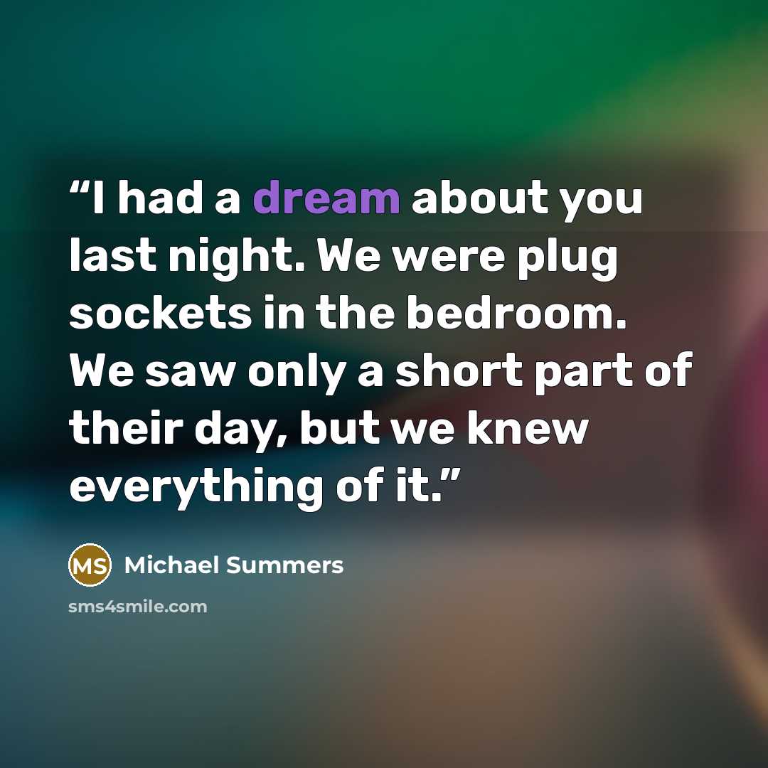 “I had a dream about you last night. We were plug sockets in the bedroom. We saw only a short part of their day, but we knew everything of it.” quote by Michael Summers