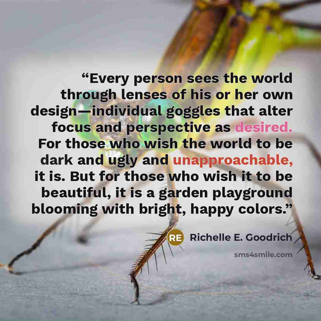 “Every person sees the world through lenses of his or her own design—individual goggles that alter focus and perspective as desired. For those who wish the world to be dark and ugly and unapproachable, it is. But for those who wish it to be beautiful, it is a garden playground blooming with bright…” quote by Richelle E. Goodrich