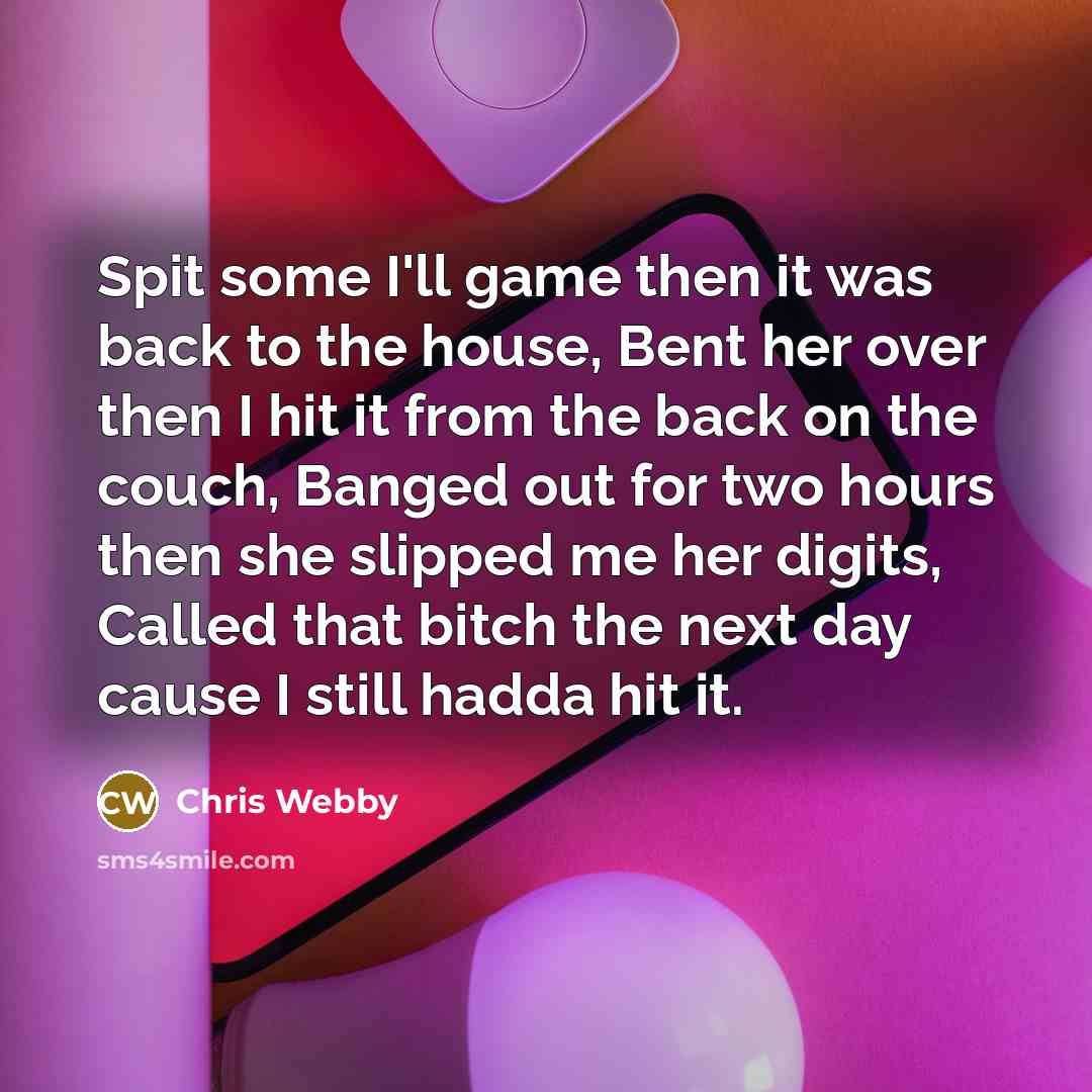 “Spit some I'll game then it was back to the house, Bent her over then I hit it from the back on the couch, Banged out for two hours then she slipped me her digits, Called that bitch the next day cause I still hadda hit it.” quote by Chris Webby
