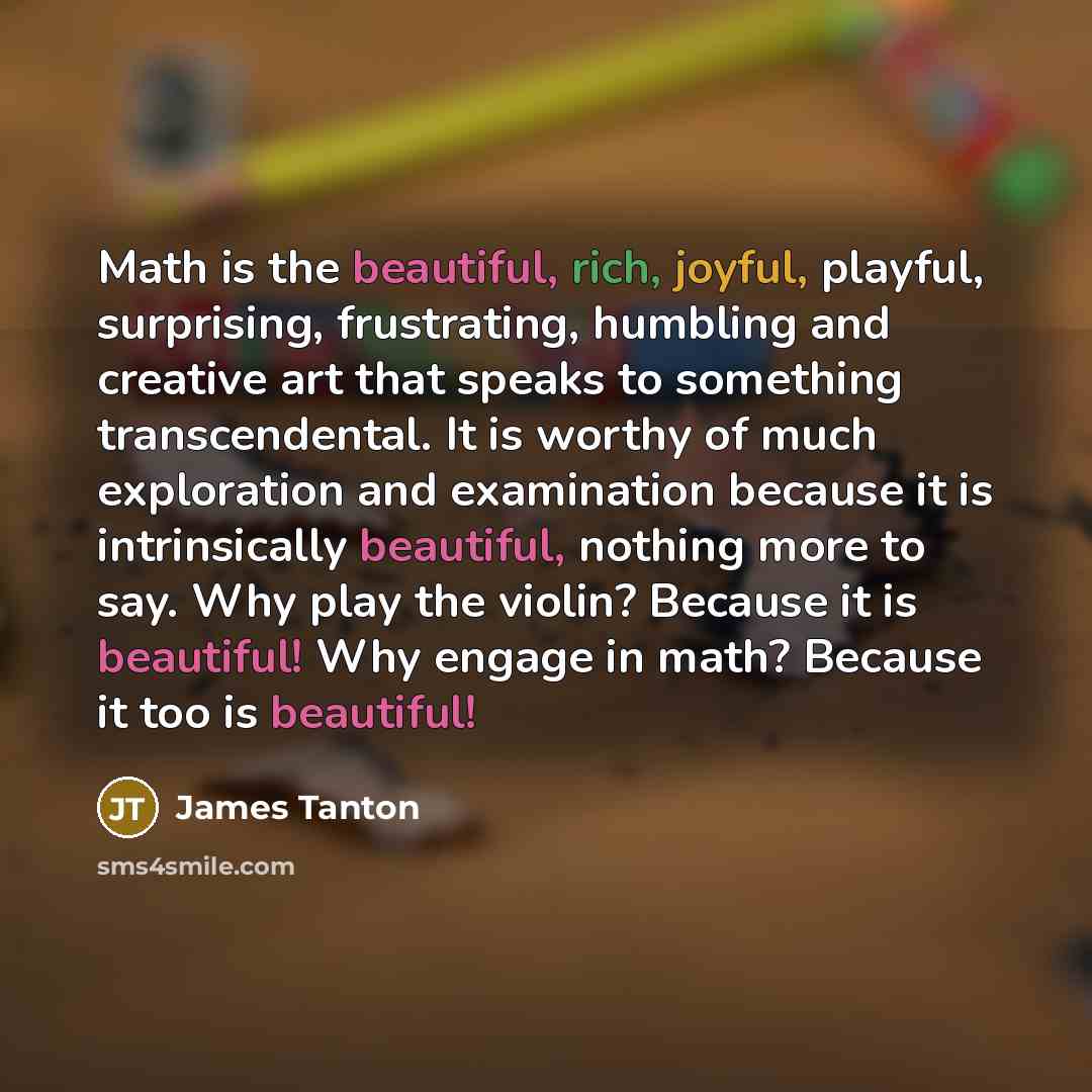 “Math is the beautiful, rich, joyful, playful, surprising, frustrating, humbling and creative art that speaks to something transcendental. It is worthy of much exploration and examination because it is intrinsically beautiful, nothing more to say. Why play the violin? Because it is beautiful! Why…” quote by James Tanton