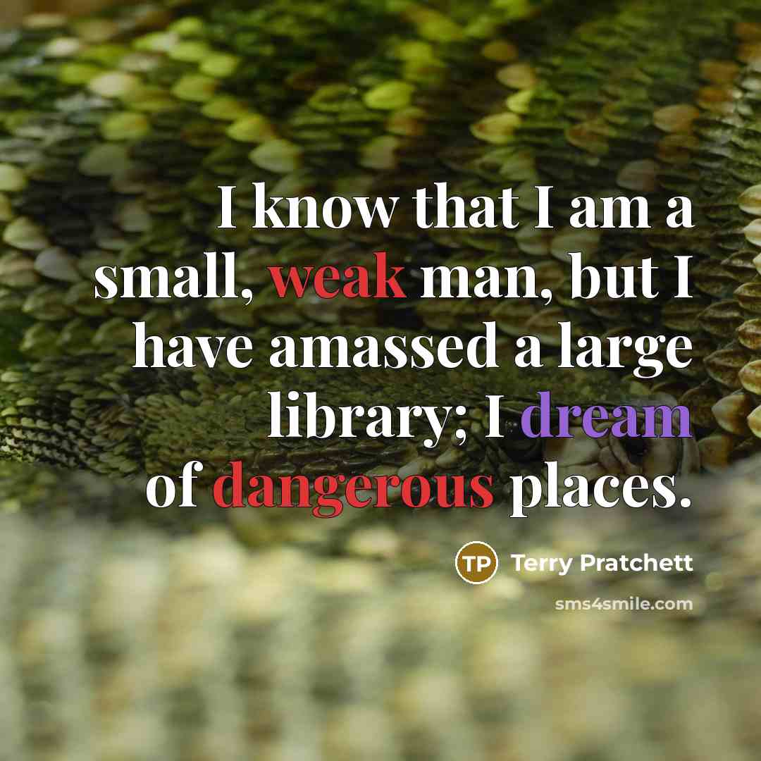 “I know that I am a small, weak man, but I have amassed a large library; I dream of dangerous places.” quote by Terry Pratchett