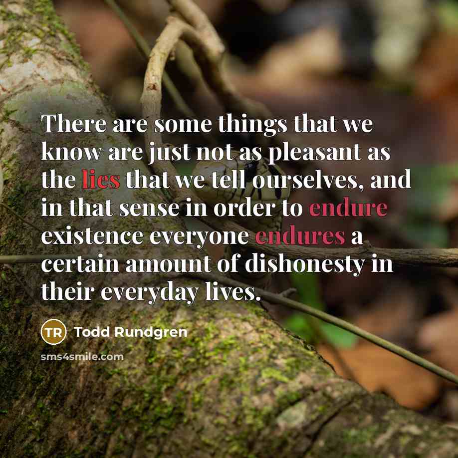 “There are some things that we know are just not as pleasant as the lies that we tell ourselves, and in that sense in order to endure existence everyone endures a certain amount of dishonesty in their everyday lives.” quote by Todd Rundgren