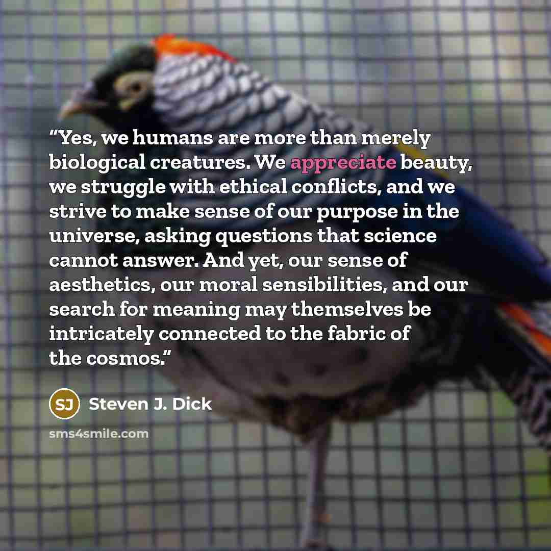 “Yes, we humans are more than merely biological creatures. We appreciate beauty, we struggle with ethical conflicts, and we strive to make sense of our purpose in the universe, asking questions that science cannot answer. And yet, our sense of aesthetics, our moral sensibilities, and our search for…” quote by Steven J. Dick