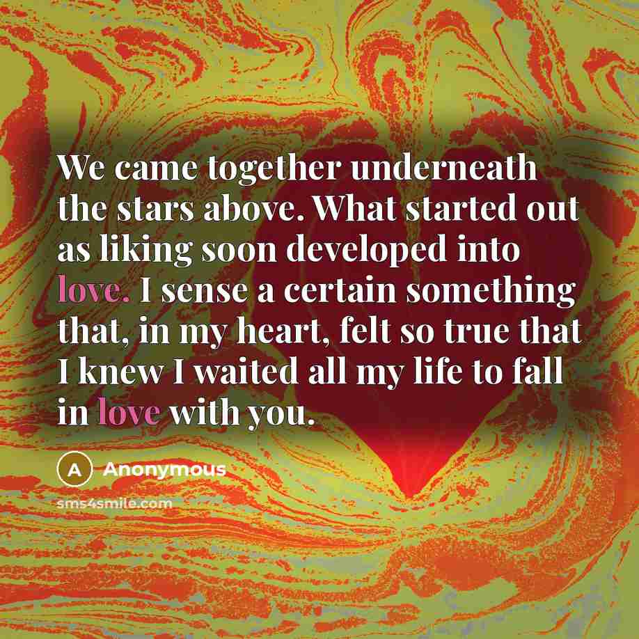 “We came together underneath the stars above. What started out as liking soon developed into love. I sense a certain something that, in my heart, felt so true that I knew I waited all my life to fall in love with you.” quote by Anonymous
