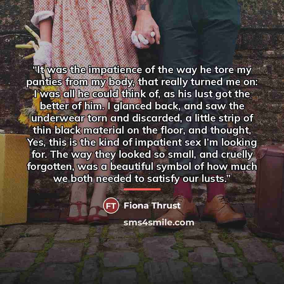 “It was the impatience of the way he tore my panties from my body, that really turned me on: I was all he could think of, as his lust got the better of him. I glanced back, and saw the underwear torn and discarded, a little strip of thin black material on the floor, and thought, Yes, this is the…” quote by Fiona Thrust