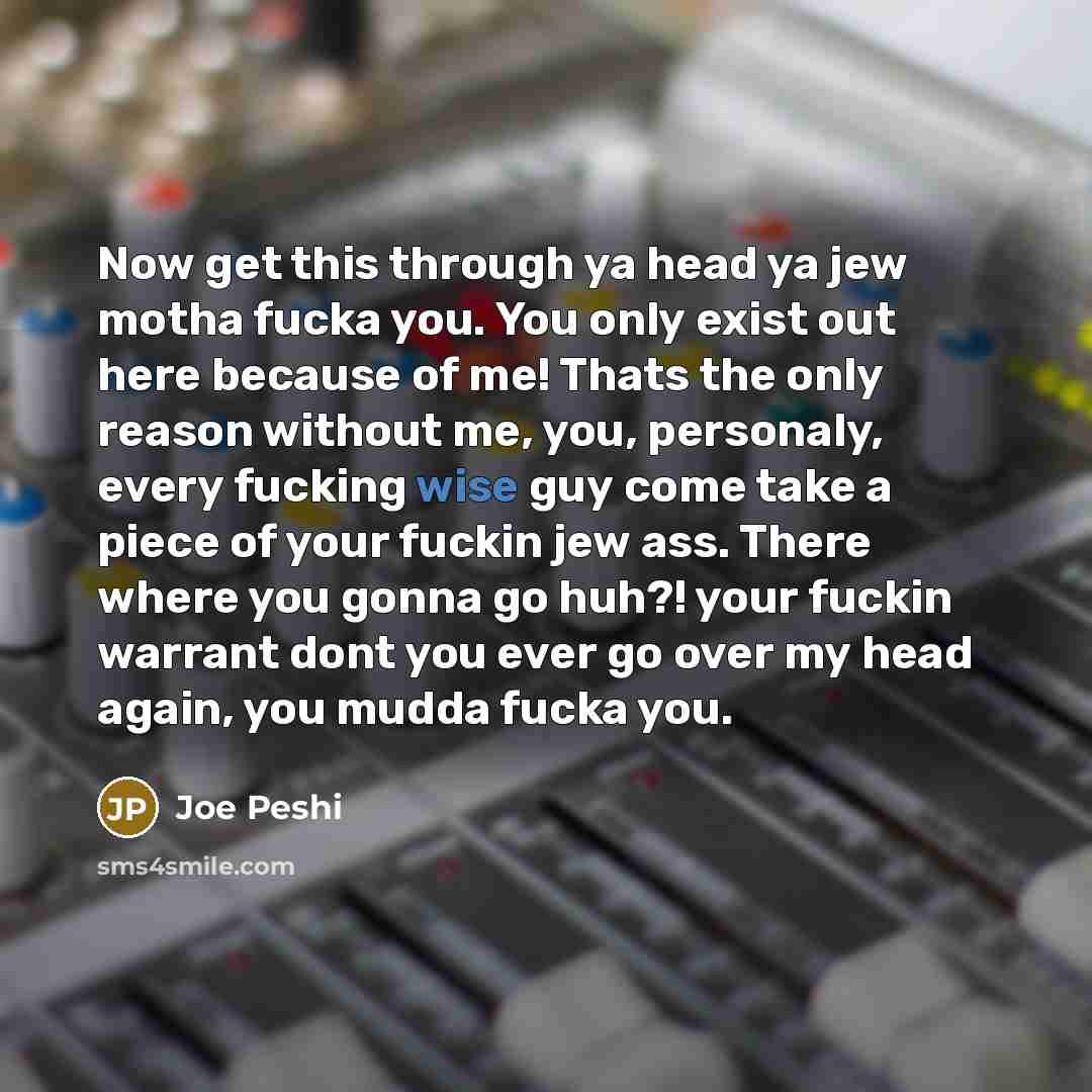 “Now get this through ya head ya jew motha fucka you. You only exist out here because of me! Thats the only reason without me, you, personaly, every fucking wise guy come take a piece of your fuckin jew ass. There where you gonna go huh?! your fuckin warrant dont you ever go over my head again, you…” quote by Joe Peshi