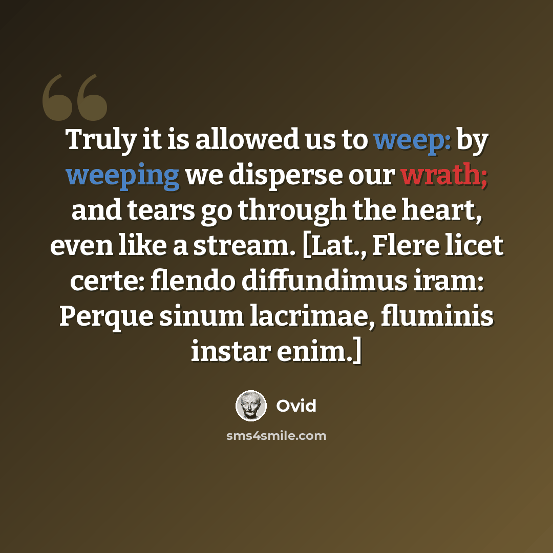 “Truly it is allowed us to weep: by weeping we disperse our wrath; and tears go through the heart, even like a stream. [Lat., Flere licet certe: flendo diffundimus iram: Perque sinum lacrimae, fluminis instar enim.]” quote by Ovid