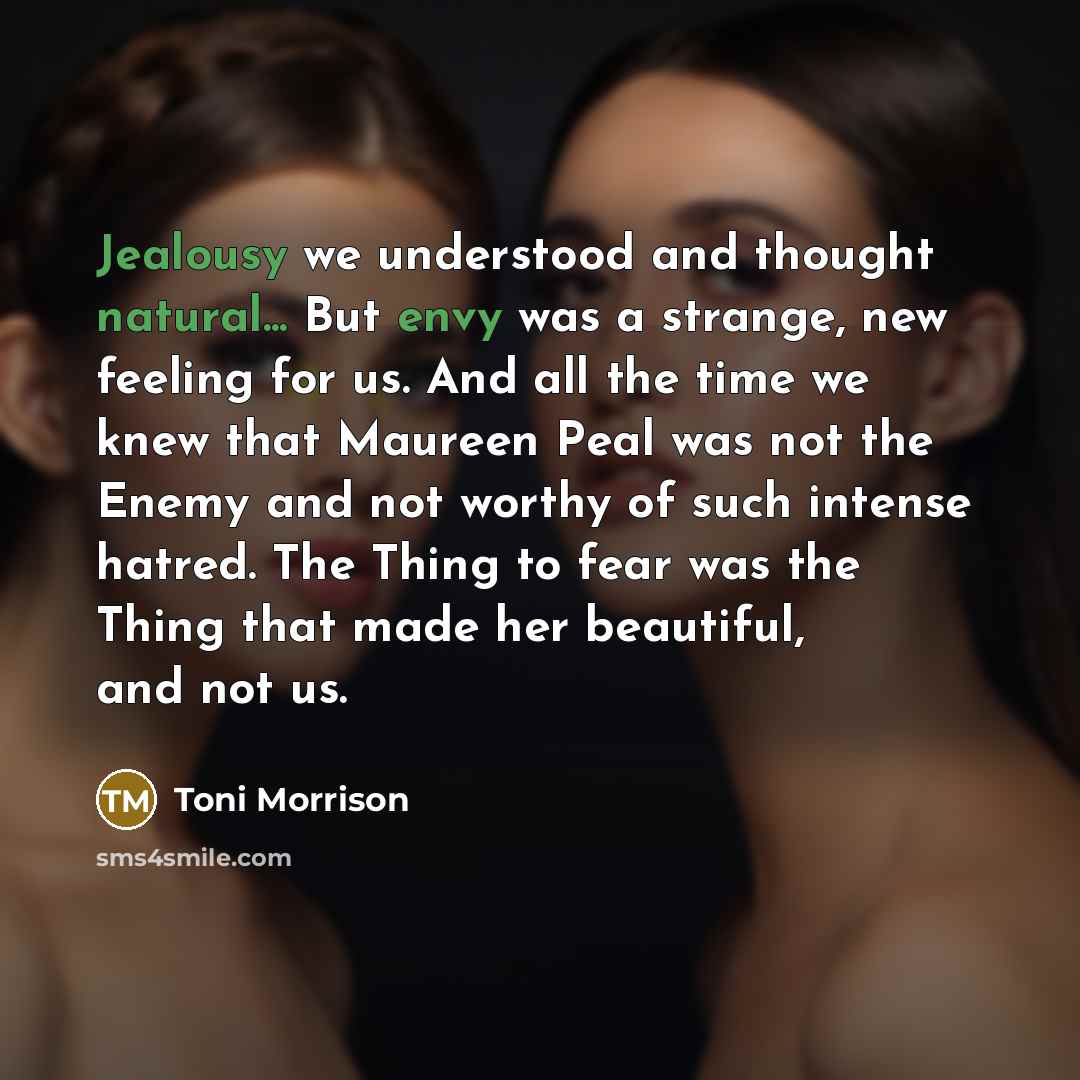 “Jealousy we understood and thought natural... But envy was a strange, new feeling for us. And all the time we knew that Maureen Peal was not the Enemy and not worthy of such intense hatred. The Thing to fear was the Thing that made her beautiful, and not us.” quote by Toni Morrison